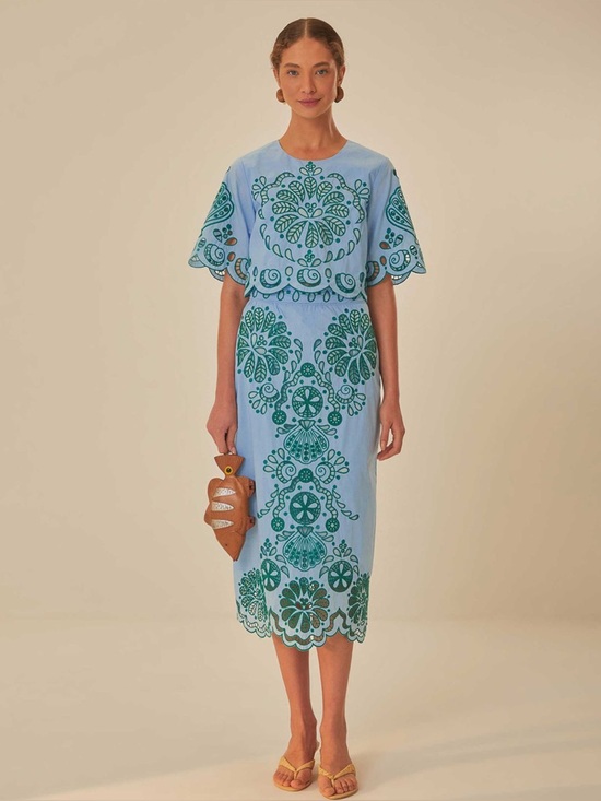 FARM Rio Dresses & Skirts - FARM Rio 2-Piece Embroidered Richelieu Crop Top and Midi Skirt Set Blue Green